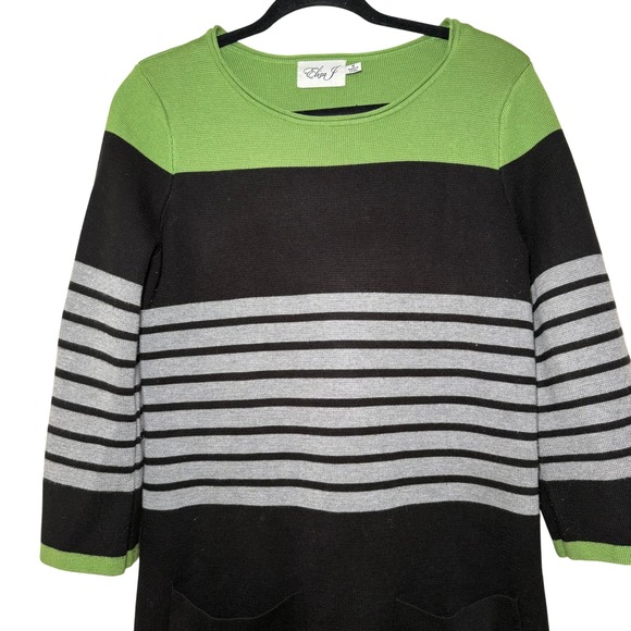 Eliza J Sweater Dress M Black Gray Green Stripe‎ 3/4 Sleeve Knit Pockets - Picture 5 of 12